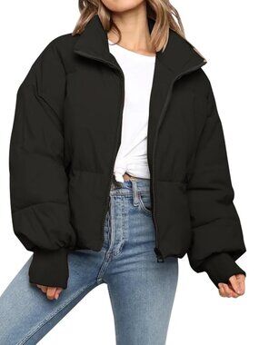 Women’s Puffer Jacket Quilted Baggy Long Sleeve Zip Down Jackets Outerwear Black